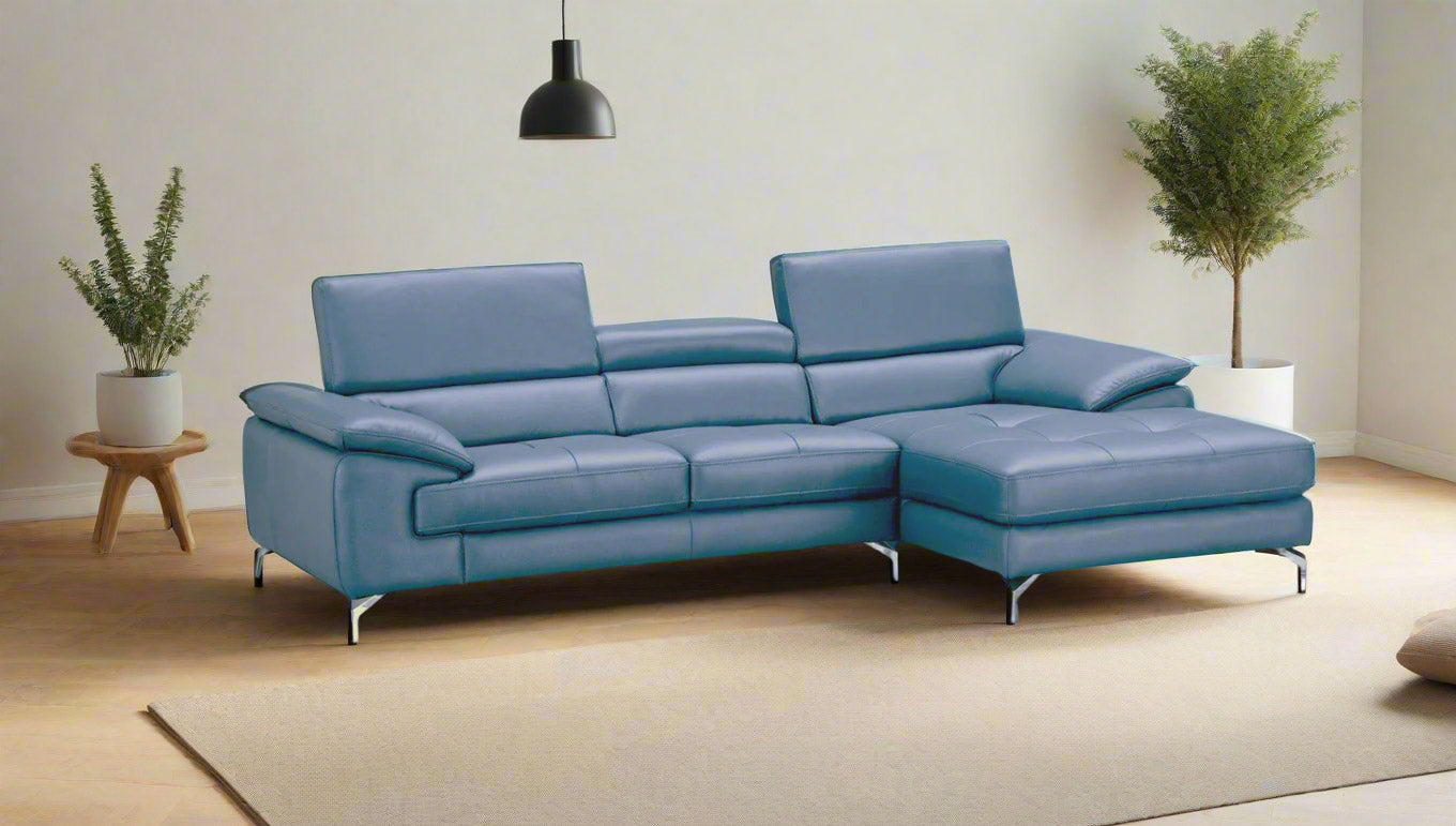 J and M Furniture Couches & Sofa A973b Premium Leather Mini Sectional in Azure Blue | J&M Furniture