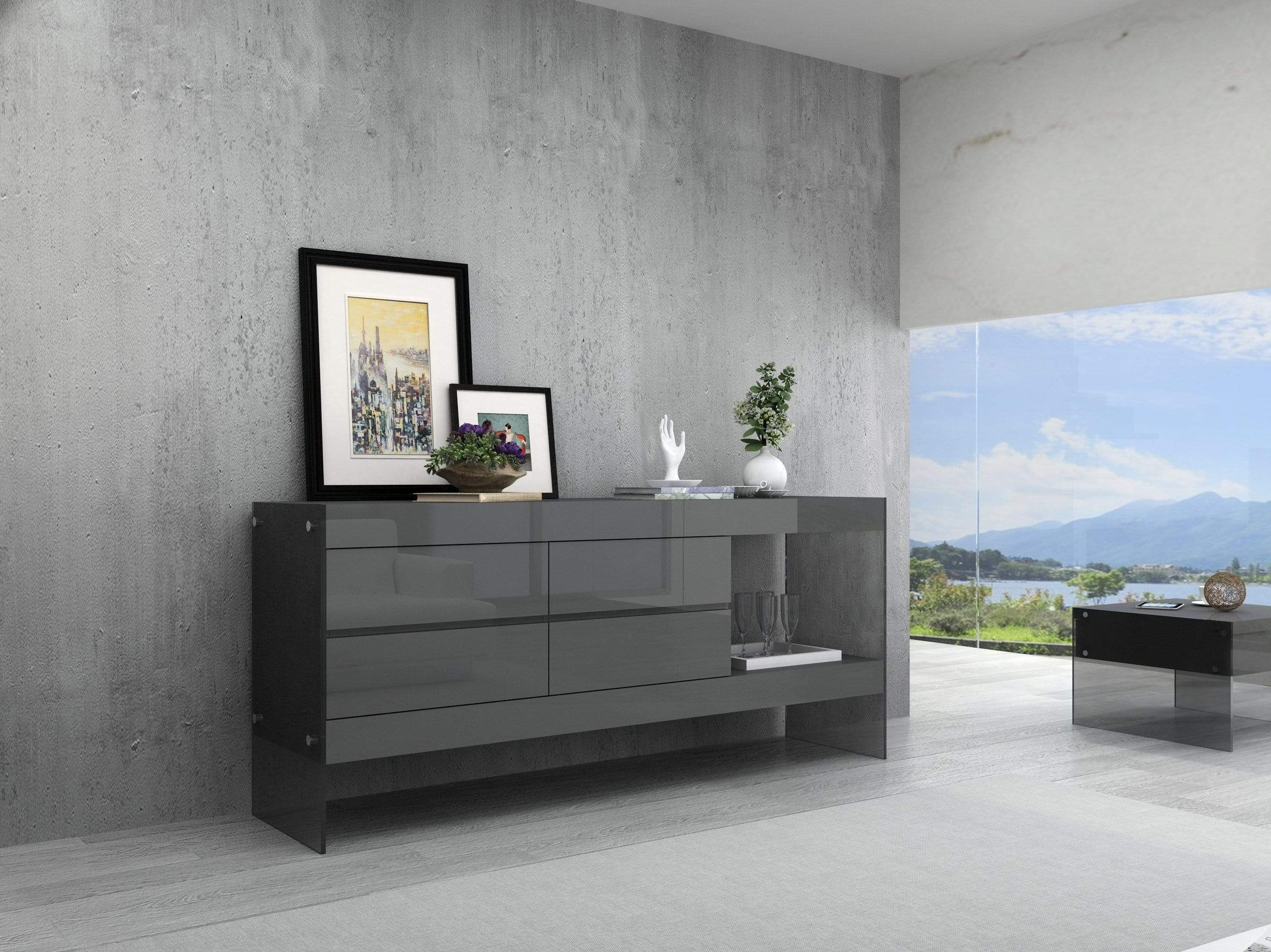 J and M Furniture Display & Storage Grey Cloud Modern Buffet in High Gloss