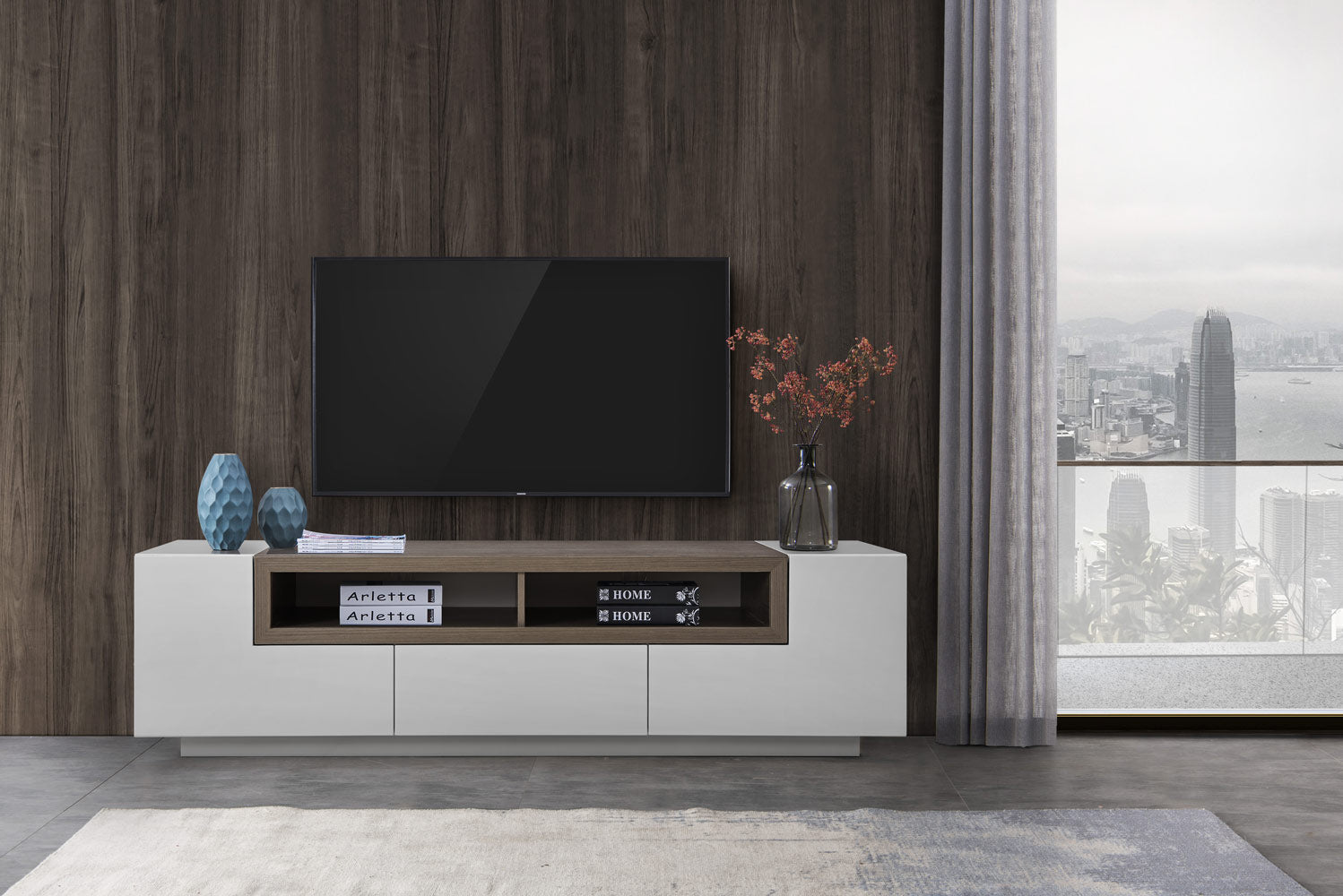 TV Stand TV002 in White Gloss/Grey Veneer | J&M Furniture