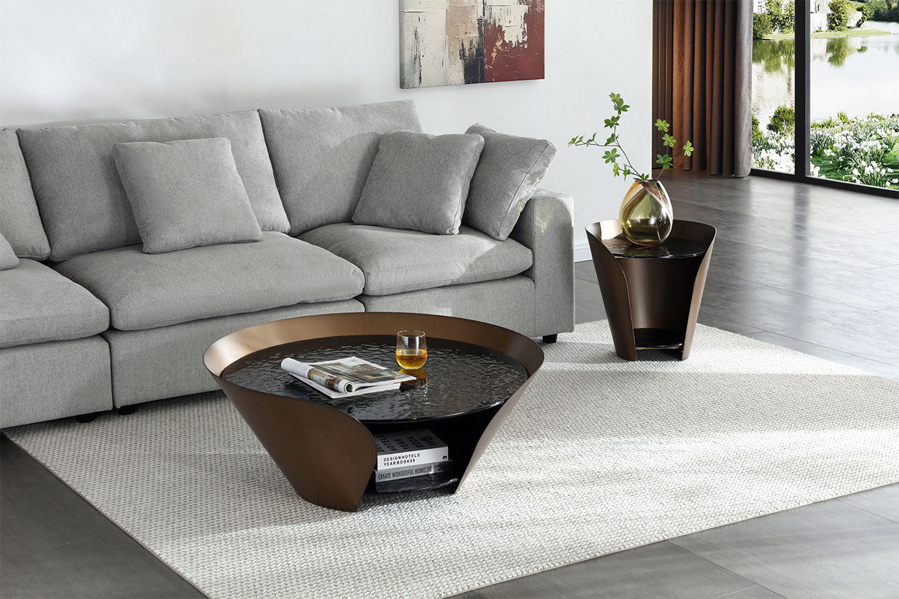 Vanta Coffee Table | Modern Glass Coffee Table with Bronze Base