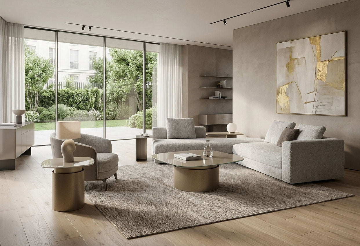 J and M Furniture End Table Essenza Coffee Table Champagne Gold Glass Top Modern