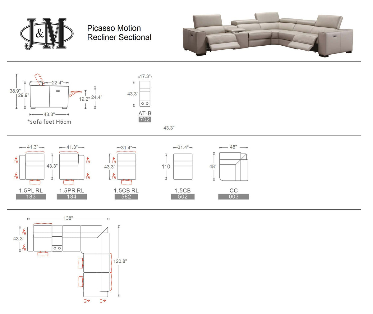 Picasso Motion Sectional in Silver Grey | J&M Furniture